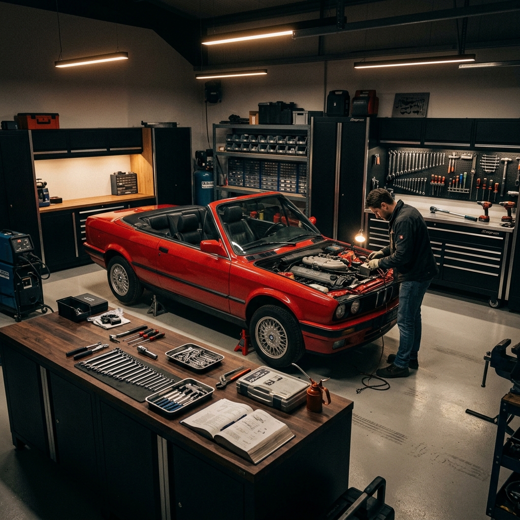Jason working in the garage on a BMW E30
